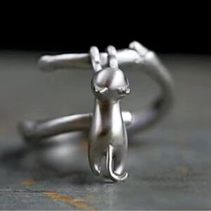 Cute Cat Hanging Ring – Adjustable Silver Animal Lover Jewelry